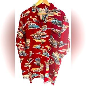 Paradise Found Men’s Starlite Diner Drive-In Vtg Cars Red Hawaiian Shirt Sz 2XL